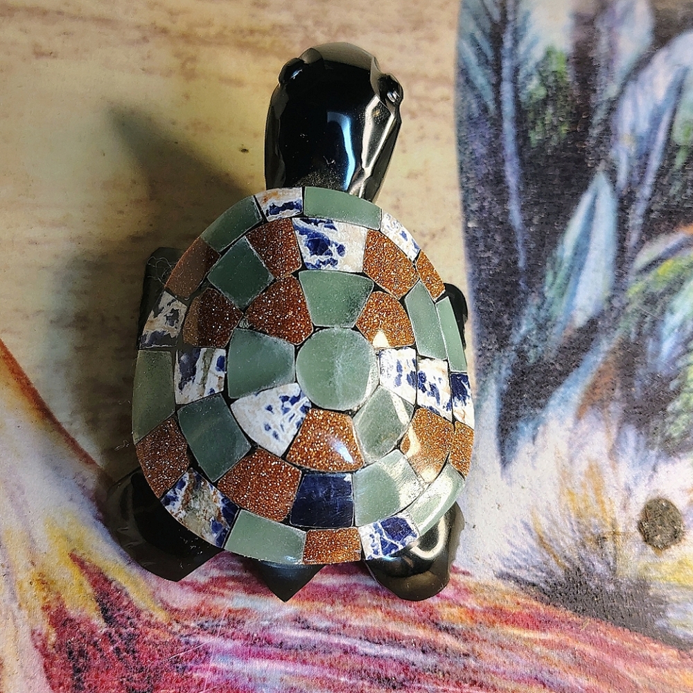 Vintage Obsidian Mosaic Multi-Stone Turtle Figure - Picture 7 of 10